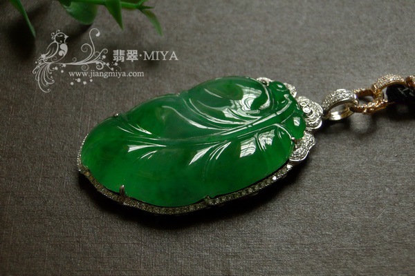 老坑冰玻种起荧光辣色艳绿翡翠大叶子
